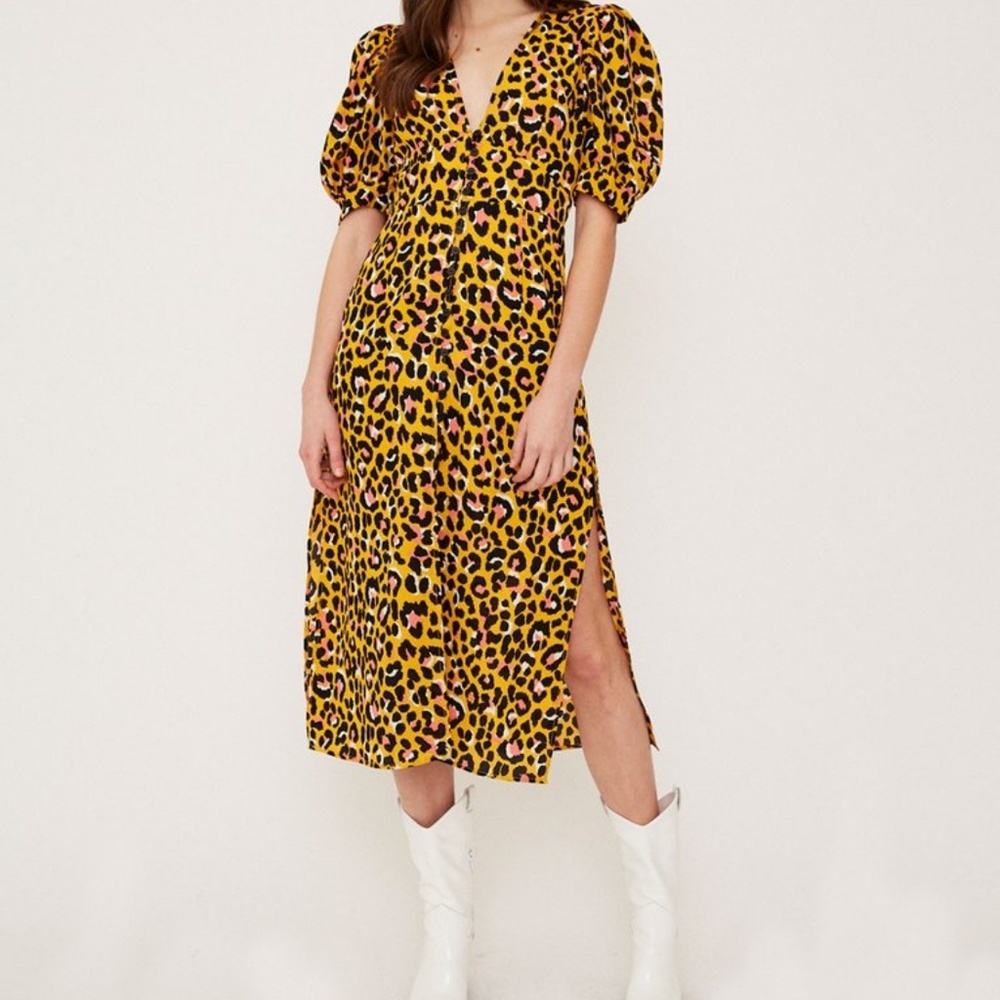 Yellow leopard Button-Front Puff Sleeve Midi Dress